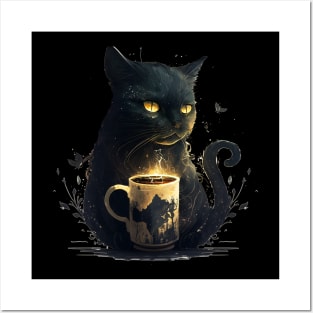 Black Cat Drinking Coffee, Coffee Cat Lover Posters and Art